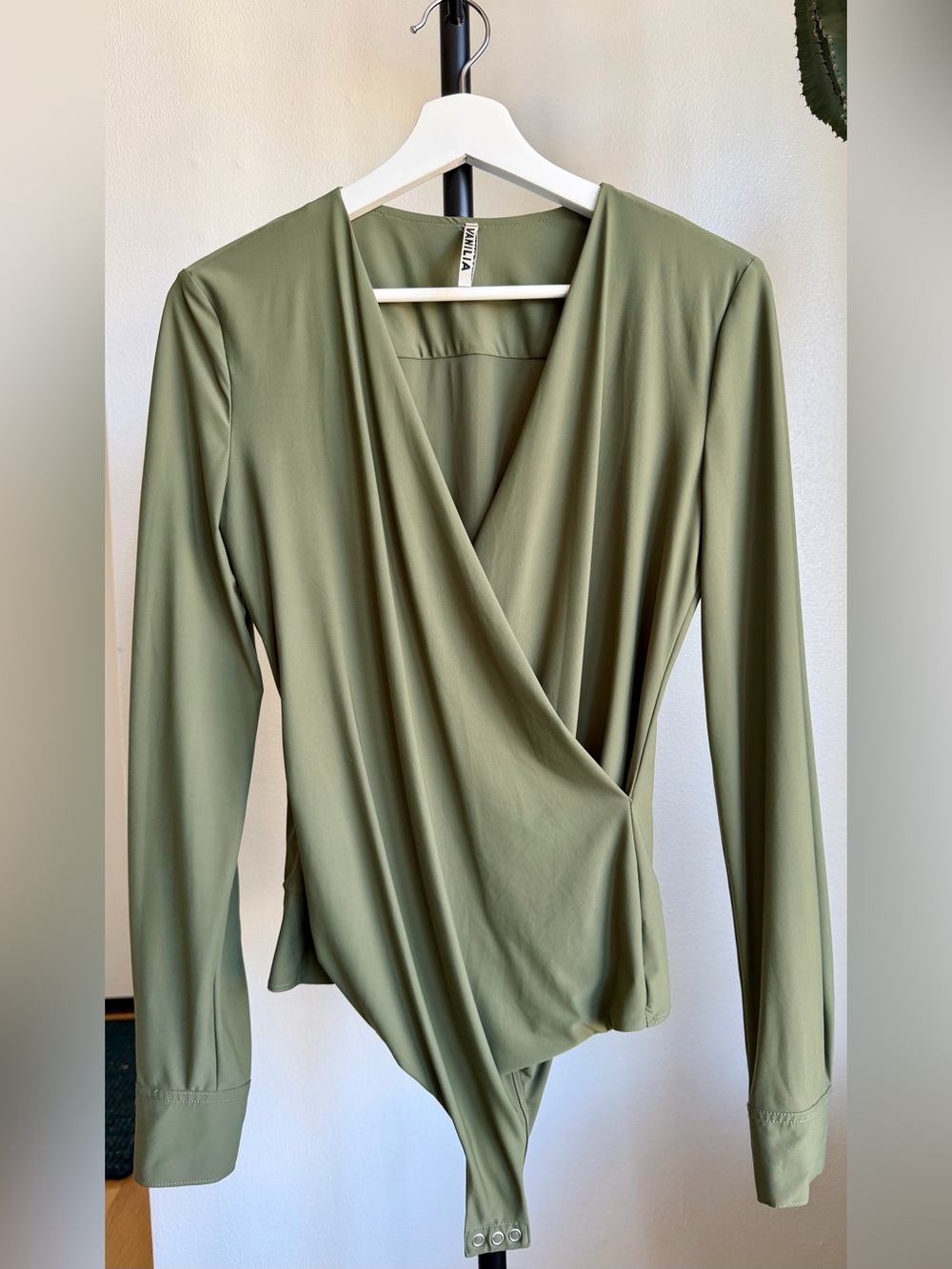 Surplice Wrap-Front Bodysuit in Olive Green